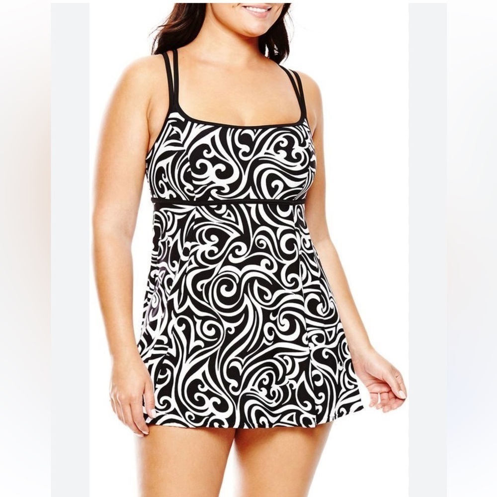 Longitude Skirted Swimsuit Size 12 Black White Swirl One Piece Bathing Suit NWT